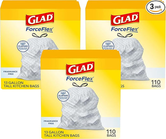 Glad ForceFlex Tall Kitchen Drawstring Trash Bags,13 Gal,Fragrance Free,110 Ct (Package May Vary),(Pack of 3)