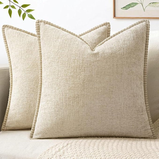MIULEE Pack of 2 Couch Throw Pillow Covers 20x20 Inch Beige Farmhouse Decorative Pillow Covers with Stitched Edge Soft Chenille Solid Dyed Pillow Covers for Sofa Bed Living Room