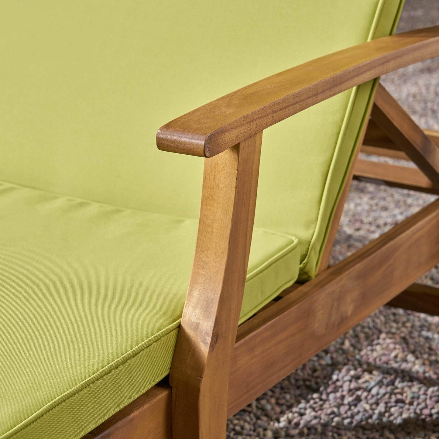 GDFStudio Samantha Double Chaise Lounge for Yard and Patio, Acacia Wood Frame, Teak Finish with Green Cushions, (307567)