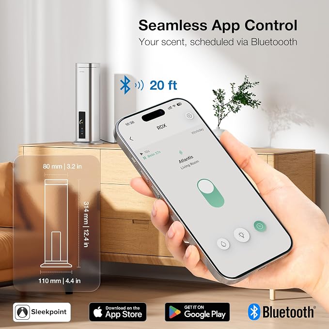 Airversa Waterless Diffuser, Smart Tower Diffuser with App Control, Cold Air Scent Diffuser Oil Machine for Homes Offices Hotels, 300mL Capacity, Up to1500 sq ft, DC-12V/1A Plug, RDX Silver