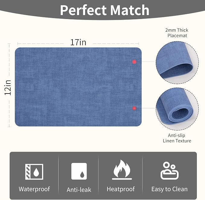 Maxpearl Faux Leather Placemats Set of 4 - Waterproof - Wipe Clean - Heat Resistant - Anti Slip Dining Table Place Mats, Suitable for Indoor & Outdoor Use, 17’’×12’’, Navy Blue