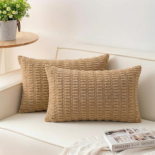 Aegero Pack of 2 Corduroy Decorative Throw Pillow Covers 12x20 Inch Soft Striped Pillow Covers Modern Farmhouse Home Decor for Sofa Living Room Couch Bed（Coffee）