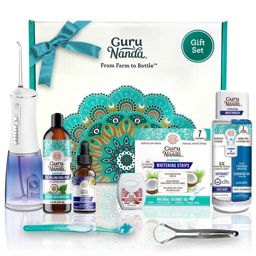 GuruNanda 7-Step Regimen 1.0 - Oil Pulling, Toothbrush, Tongue Scraper, Floss, Water Flosser, Mouthwash, Whitening Strips for Complete Oral Care (Pack of 8)