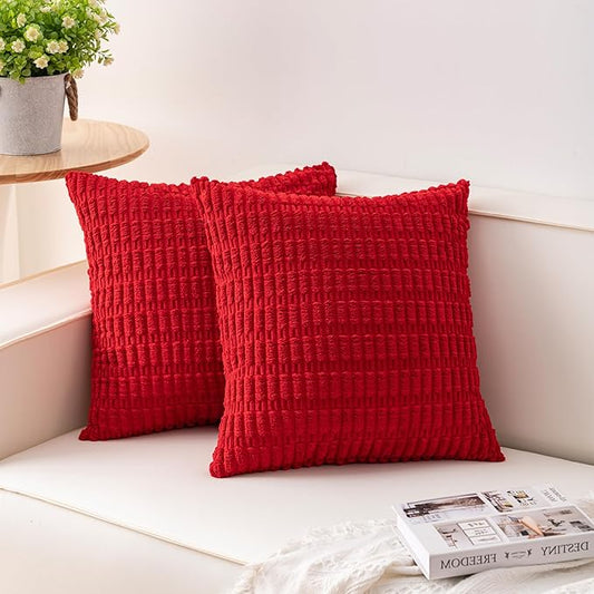 Aegero Pack of 2 Christmas Red Corduroy Decorative Throw Pillow Covers 22x22 Inch Soft Striped Pillow Covers Modern Farmhouse Home Decor for Sofa Living Room Couch Bed（Red）