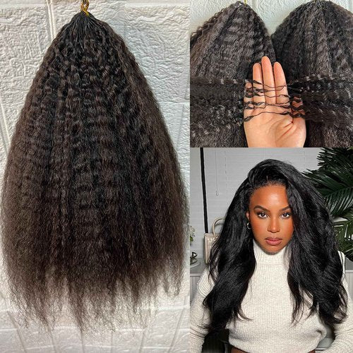 Kinky Straight Feather Crochet Human Hair Extension Yaki Wave Pre Separated Knotless Crochet Hair Micro Bundles With Loop For Reusable Boho Braids 16Inch 60g 50Strands