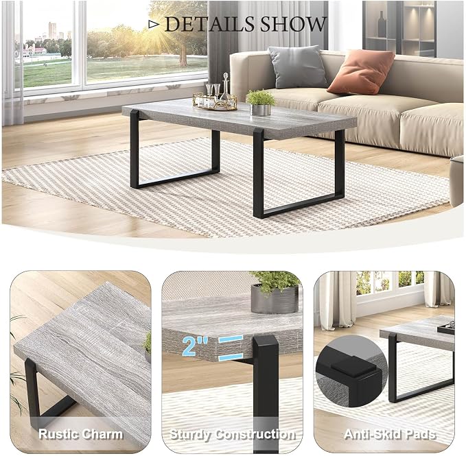 FOLUBAN Modern Coffee Table, Rustic Wood and Metal Center Table, Rectangle Cocktail Tea Table for Living Room, Light Grey, 47 Inch