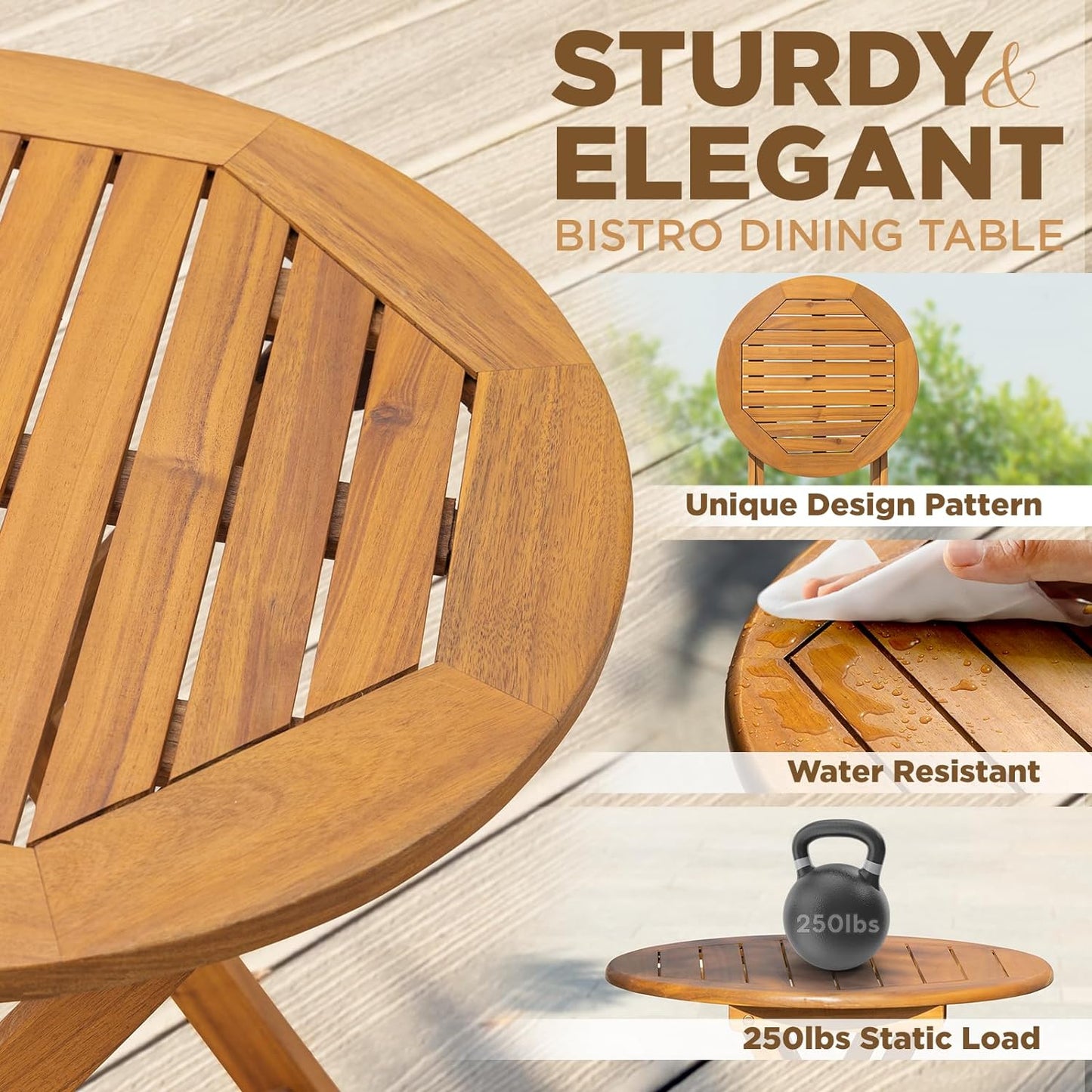 IDZO Wood Wicker Design Heavy Duty 400lbs Capacity Premium Patio Bistro Set 3 Piece Outdoor