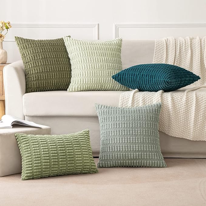 MIULEE Pack of 2 Spring Corduroy Decorative Lumbar Throw Pillow Covers 20x12 Inch Soft Boho Striped Pillow Covers Modern Farmhouse Home Decor for Summer Sofa Living Room Couch Bed Greyish Green