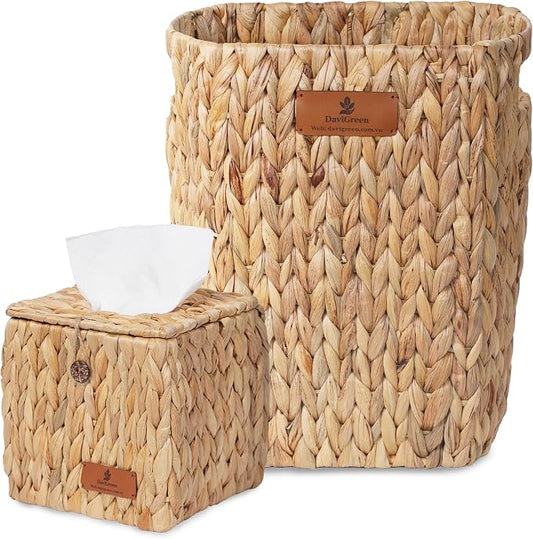 Handwoven Water Hyacinth Decorative Basket, Small Bathroom Trash Can 10L, Open-Top Woven Organizer for Bathroom, Bedroom & Living Room, Natural Fiber, 11 Inch