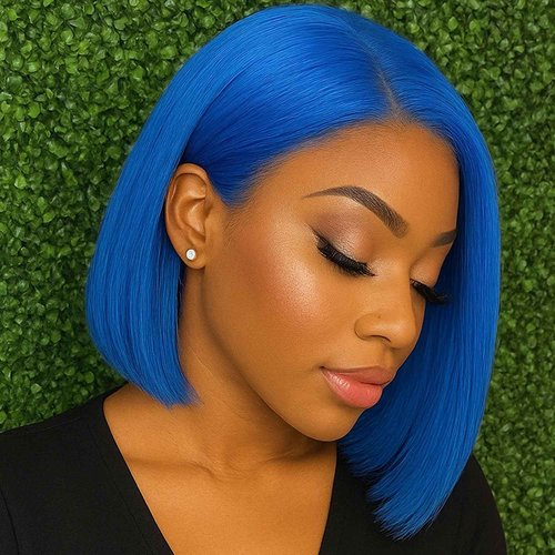 CUEKT 13x6 Blue Bob Lace Frontal Wig Human Hair Short Straight Transparent Front Wig Natural Density Pre Plucked Hairline Colored Bob Wigs for Women 14 Inch