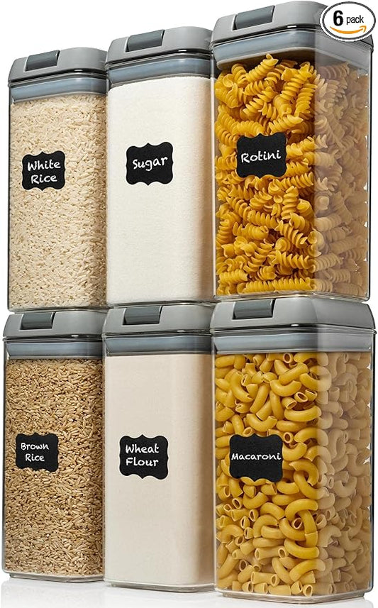 Shazo Airtight Food Storage Containers with Lids - 6 PC BPA Free Clear Plastic Cereal Containers with Easy Lock Lids for Kitchen and Pantry Organization for Snacks and Pasta - 1.2L