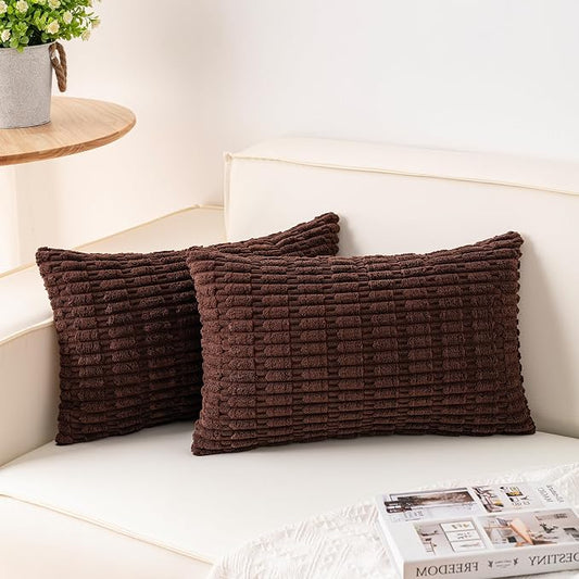 Aegero Pack of 2 Corduroy Decorative Throw Pillow Covers 12x20 InchSoft Boho Striped Pillow Covers Modern Farmhouse Home Decor for Sofa Living Room Couch Bed（Dark Brown）