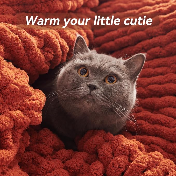 Negwoo Chunky Knit Throw Blanket, 80''*90'' Knitted Throw Chenille Yarn for Bed Couch, Handmade Orange Crochet Big Thick Blanket, Machine Washable Cute Comfy Blanket for Home Decor