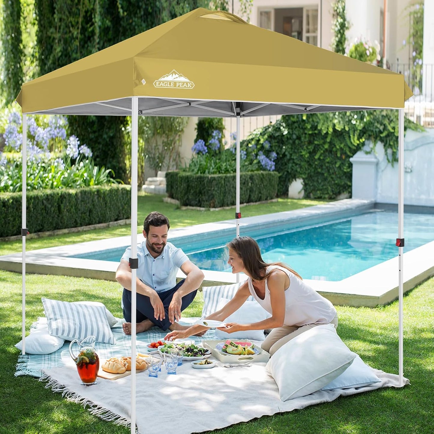 EAGLE PEAK Pop Up Canopy Tent with Wheeled Carry Bag, 8 Stakes, 4 Ropes, Easy Set Up Tent Canopy, 6.6x6.6 ft, Beige