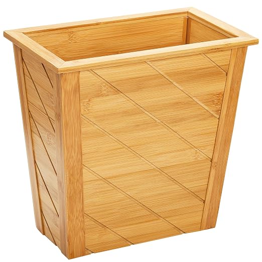 Frcctre Bamboo Waste Basket, Rectangular Compact Waste Trash Can Garbage Bin Built-in Handles Brown Container Bin for Bedroom, Office, Living Room, Kitchen, Bathroom