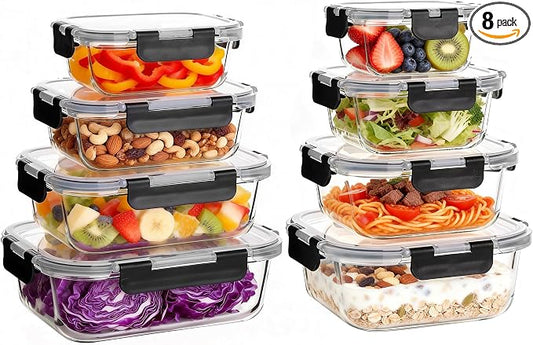 8 Pack Glass Meal Prep Containers with Lids, Extra Thick Airtight Food Storage Set (310ml-1510ml/10.5oz–51oz), Leakproof Lunch Boxes for Leftovers