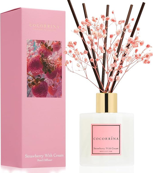 COCORRÍNA Reed Diffuser - Strawberry with Cream 6.7 fl oz Reed Diffuser with Sticks, Home Bedrrom Bathroom Shelf Decor