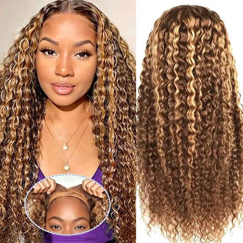 virginess Ombre Highlight Wear and Go Glueless Wigs Human Hair Pre Plucked Pre Cut Deep Wave Lace Front Wigs Human Hair 4x4 Lace Closure Wig for Black Women 180% Density Curly Wig 20 Inch