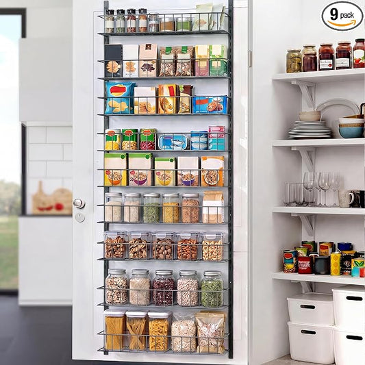 ElegantArray 9-Tier Pantry Door Oragnizer, Over The Door Pantry Organizer Rack and Storage, Hanging Spice Rack Shelves Door, Home Office Laundry Room Bathroom & Kitchen Organization, Deep Gray