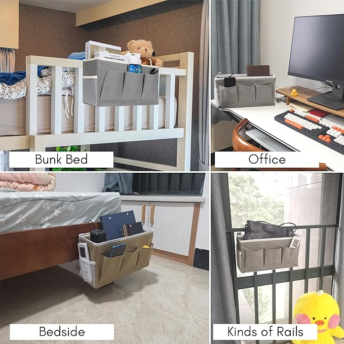Kanrichu Bedside Caddy Hanging Storage Bag, Organizer Baskets with Pockets for Bunk Bed Accessories, Loft & Dorm Rooms Chair Bed Rails (Gray-3pcs)