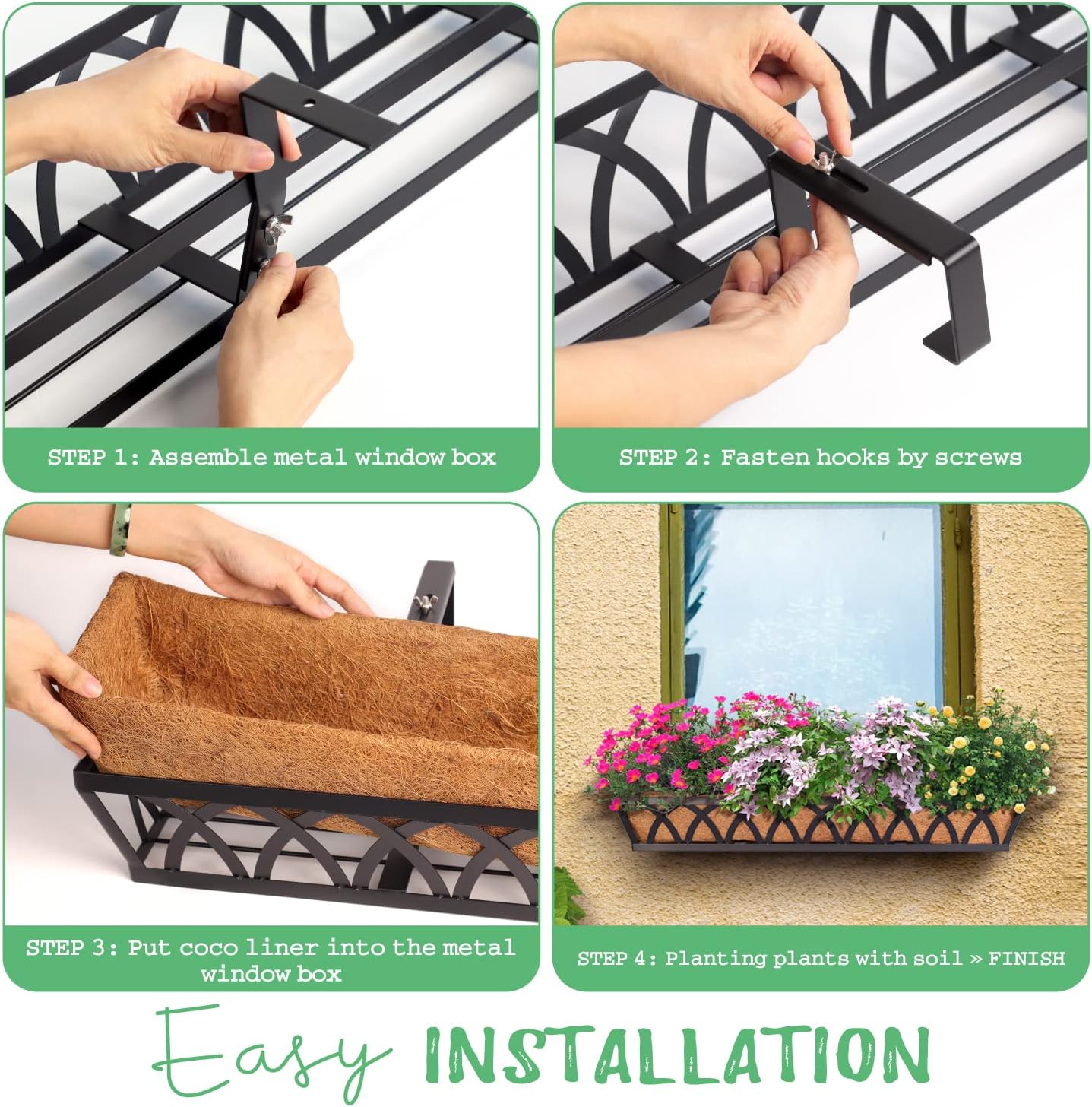 Window Box Railing, 32 Inch Black Metal Hanging Flower Planter Basket with Coco Liner for Outdoor Balcony Porch Fence Patio for Home, Office and Hotel (Black - 4 Pcs/Set)