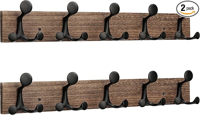 SKOLOO 24-Inch Wood Burnt Coat Rack Wall Mount with 5 Triple Hooks - Ideal for Family Entrances, Classrooms, and Pet Supplies Storage - Perfect Coat Hooks for Wall, Pack of 2