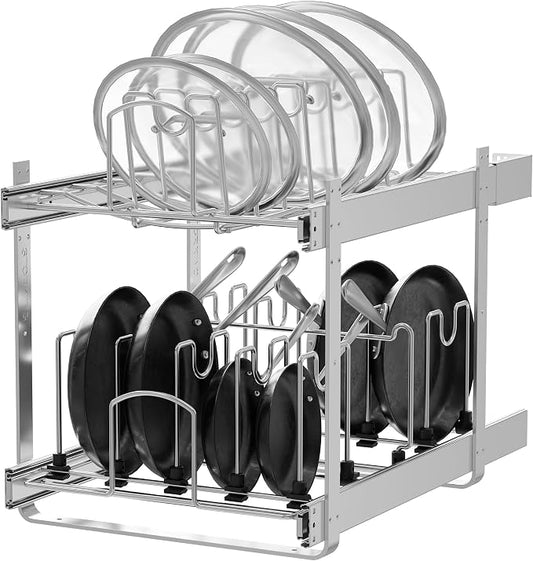2-Tier Kitchen Pull out Cabinet Organizer for Pots, Pans, and Lid Cookware, Adjustable Heavy Duty Wire Pan and Pot Rack, Full-Extension Rail 15" W *22" D