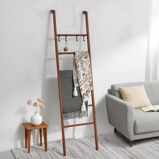 Taozun 6-Tier Wood Blanket Ladder for Living Room, Rustic Wooden Farmhouse Quilt Ladder with 4 S-hooks, 66-Inch Wall Leaning Throw Towel Rack, Space-Saving and Blanket Disply Rackfor Bedroom, Bathroom