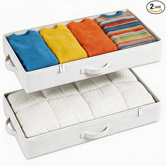 TidyCorner 2-Pack Under Bed Storage Containers, 4.5 Inches Tall Low Profile Underbed Clothes Storage Organizer Bin with Sturdy Sidewalls/Bottom, Underbed Storage Bins, Beige