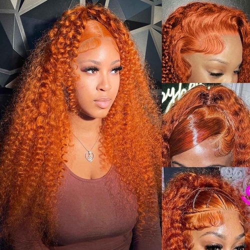 SOEZ 18 Inch Ginger Lace Front Wigs Human Hair Deep Wave 13x4 HD Transparent Full Lace Frontal Wig Human Hair for Women 180% Density 350# Orange Colored Glueless Deep Curly Wigs Human Hair Pre Plucked