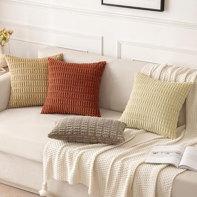 MIULEE Pack of 2 Dark Rust Corduroy Decorative Euro Sham Pillow Covers 24x24 Inch Soft Boho Striped Throw Pillow Covers Modern Farmhouse Home Decor for Summer Sofa Living Room Couch Bed