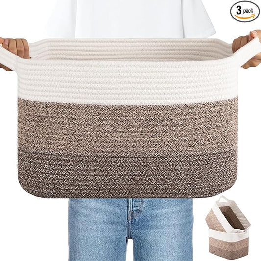 OIAHOMY Woven Storage Basket, Cotton Rope Baskets for Toys,Towel, Clothes, Used to Bathroom,Living Room,Nursery,Bedroom, 16"x12"x10"- Pack of 3, Gradient Dark Brown