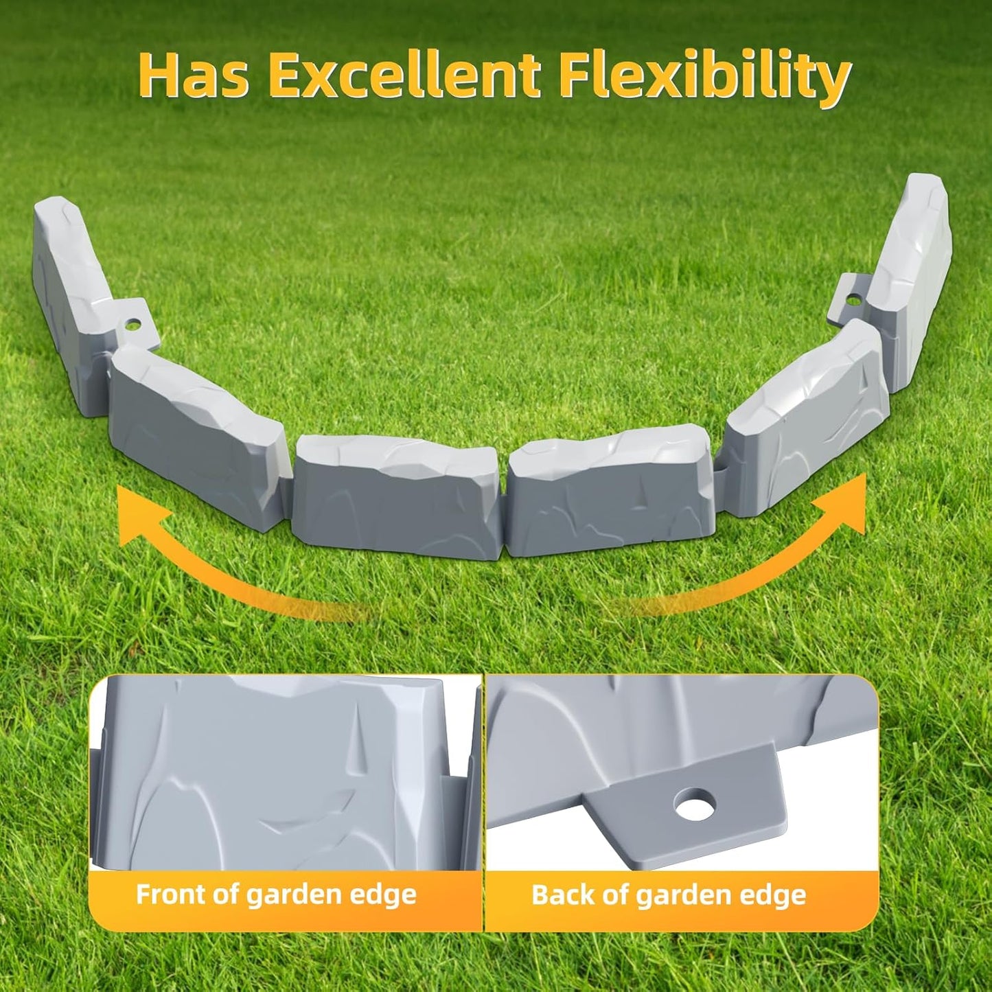 8Pcs Landscape Edging(12 FT) 24 Spikes - Faux Stone Edging Border for Garden, Flower Beds, Lawn & Pathways | 12" L x 3" H | Faux Stone Edging for Landscaping Outdoor (Grey)
