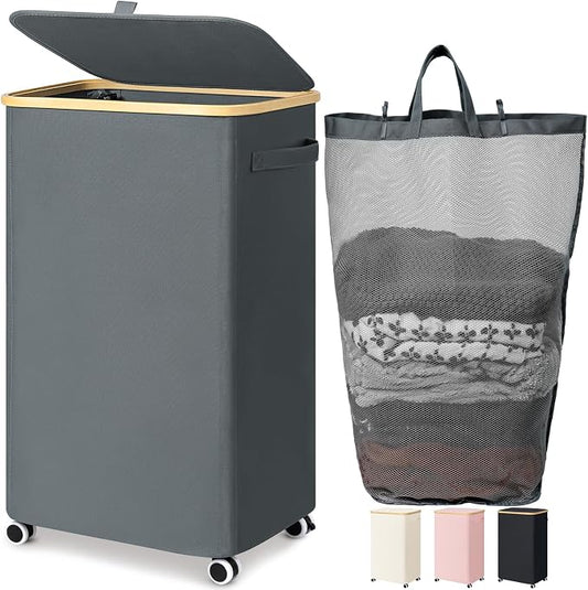 Goodpick Laundry Basket with Wheels, Large Rolling Laundry Hamper Slim Clothes Hampers with Removable Wash Bag Collapsible Dirty Clothes Basket with Lid, 100L, Gray