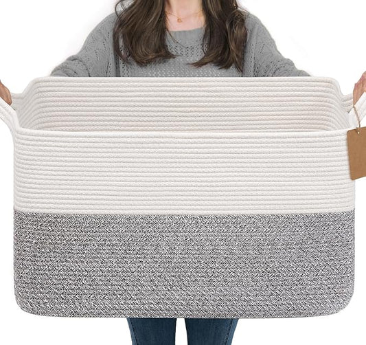 Goodpick Woven Storage Baskets for Organizing 22”x17”x12” Large Blanket Basket for Living Room Home Decor, Rectangle Rope Toy Basket for Kids, Gift Baskets Empty with Handles, Gray