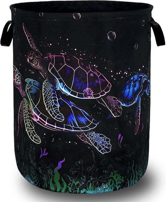 Watercolor Sea Turtle Laundry Basket Foldable Cute Turtles Laundry Hamper Oxford Cloth Ocean Animals Colorful Tote Bag Clothes Toy Storage Bucket For Bathroom/Laundry Storage/Bedroom 18.9x16.5 Inch