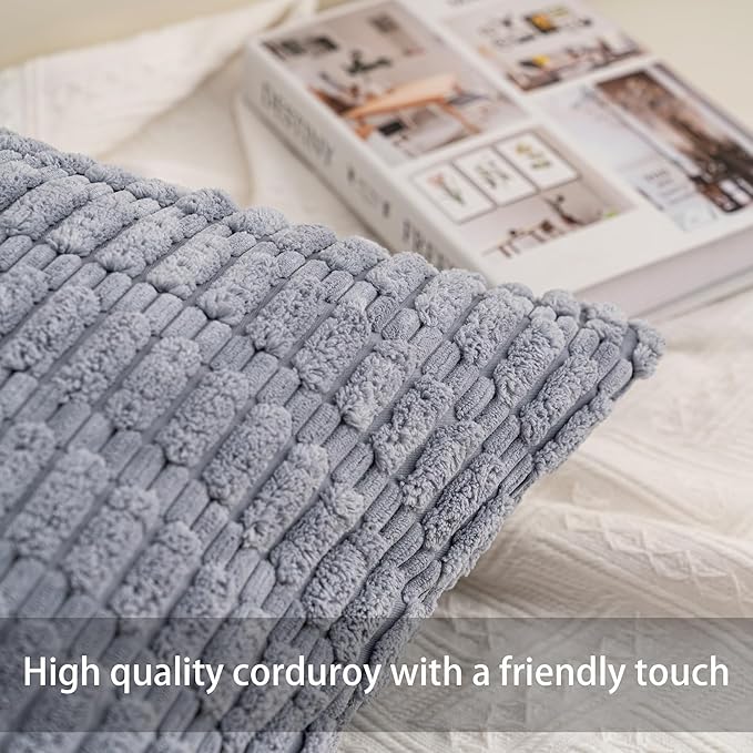 Aegero Pack of 2 Corduroy Decorative Throw Pillow Covers 22x22 Inch Soft Striped Pillow Covers Modern Farmhouse Home Decor for Sofa Living Room Couch Bed（Light Grey）