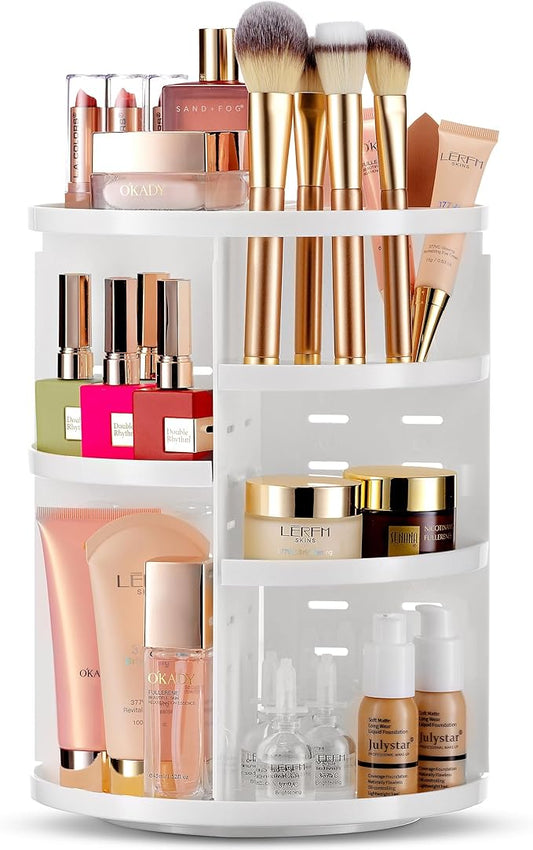 Masirs 360 Rotating Makeup Organizer for Vanity, Adjustable Shelf Height, Large Capacity Cosmetic and Skincare Storage, Lazy Susan Perfume Organizer for Dresser, Bathroom Countertop, White