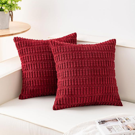 Aegero Pack of 2 Corduroy Decorative Throw Pillow Covers 24x24 Inch Soft Striped Pillow Covers Modern Farmhouse Home Decor for Sofa Living Room Couch Bed（Wine Red）