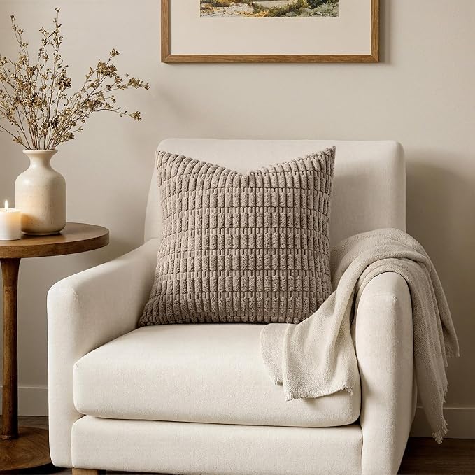 MIULEE Pack of 2 Corduroy Decorative Throw Pillow Covers 18x18 Inch Soft Boho Striped Pillow Covers Modern Farmhouse Home Decor for Sofa Living Room Couch Bed Light Brown