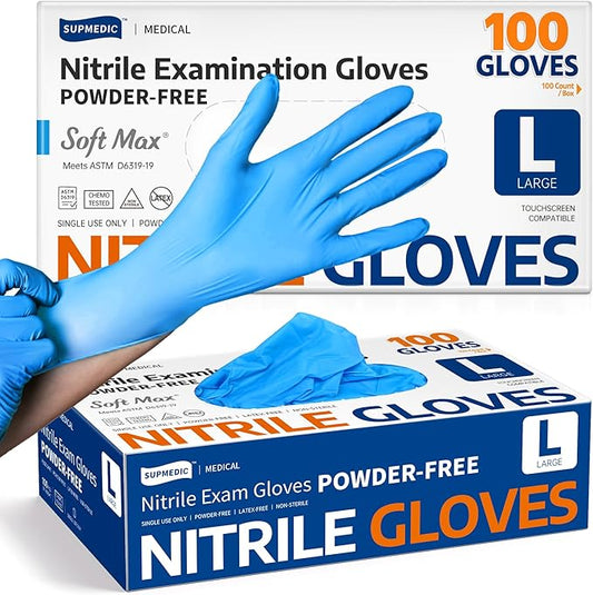 Supmedic Medical Soft Max™ Nitrile Exam Gloves, 100 Count Latex-Free Powder-Free Non-Sterile Food Safe Disposable Glove, Blue
