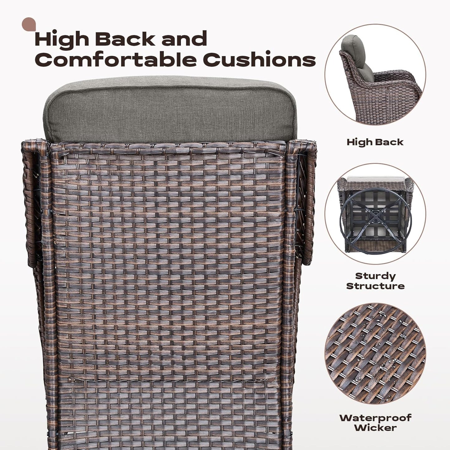 Wicker Outdoor Patio Furniture Set - 6 Piece Patio Conversation Sets with Swivel Rocker Chairs, Ottomans, Sofa and Coffee Table, 6 inch Cushions, Deep Seating, for Porch Deck Brown/Grey
