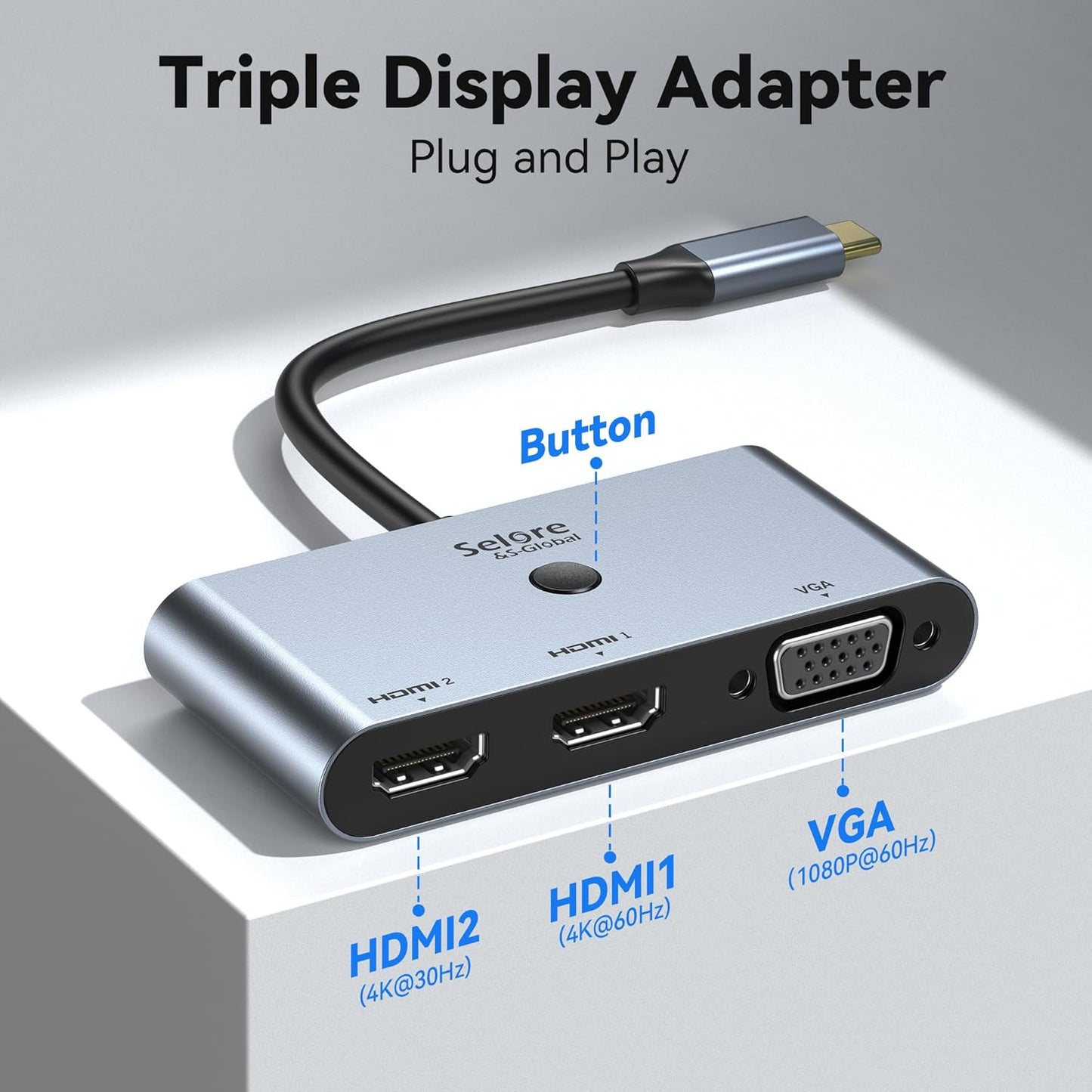 Selore USB C Docking Station 3 Monitors, USB C to Dual HDMI VGA Adapter with One-Touch Multi-Screen Switch and Screen On/Off Button, HDMI Splitter Converter for Dell, HP, Lenovo,MacBook Pro/Air, etc