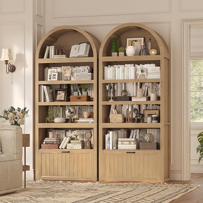 81" Tall Arched Cabinets,Bookcase with Drawer storage,Mid-Century Modern 5-Tier Bookshelf,2 Book Risers and Adjustable Shelves offering more storage space for Living Room,Kitchen,Home Office,Oak