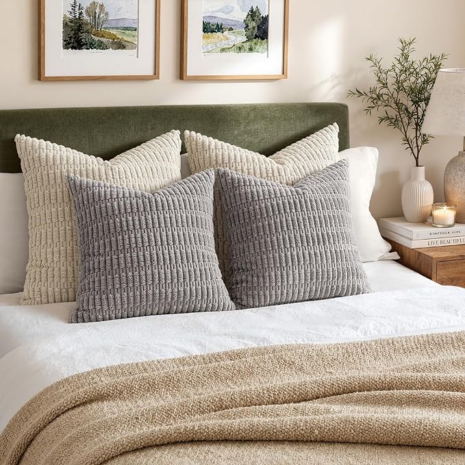 MIULEE Pack of 2 Corduroy Decorative Euro Sham Throw Pillow Covers 24x24 Inch Soft Boho Striped Pillow Covers Modern Farmhouse Home Decor for Sofa Living Room Couch Bed Light Grey