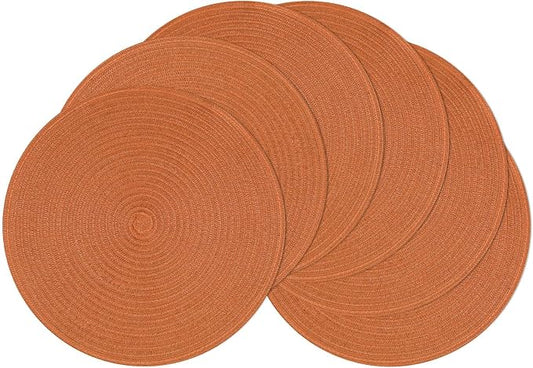 SHACOS Round Placemats Set of 6 Washable 15 inch Round Placemat Cotton Polyester Woven Braided Table Place Mats for Dining Table Decor, Dark Orange