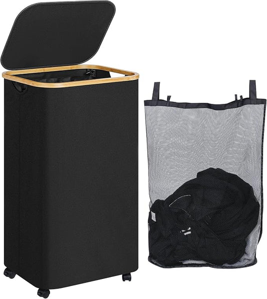 iEGrow 110L Laundry Basket with Wheels,Clothes Hamper for Laundry,Laundry Hamper with Lid and Inner Bag, for Laundry Room, Bedroom, Dormitory Storage,Black
