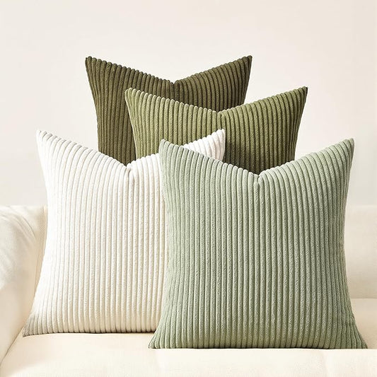 Topfinel Green White Spring Pillow Covers 18x18 Inch Set of 4 Boho Nordic Cushion Covers Soft Corduroy Home Decor for Couch Bed Sofa Living Room