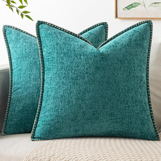 MIULEE Pack of 2 Couch Throw Pillow Covers 16x16 Inch Teal Farmhouse Decorative Pillow Covers with Stitched Edge Soft Chenille Solid Dyed Summer Pillow Covers for Sofa Bed Living Room