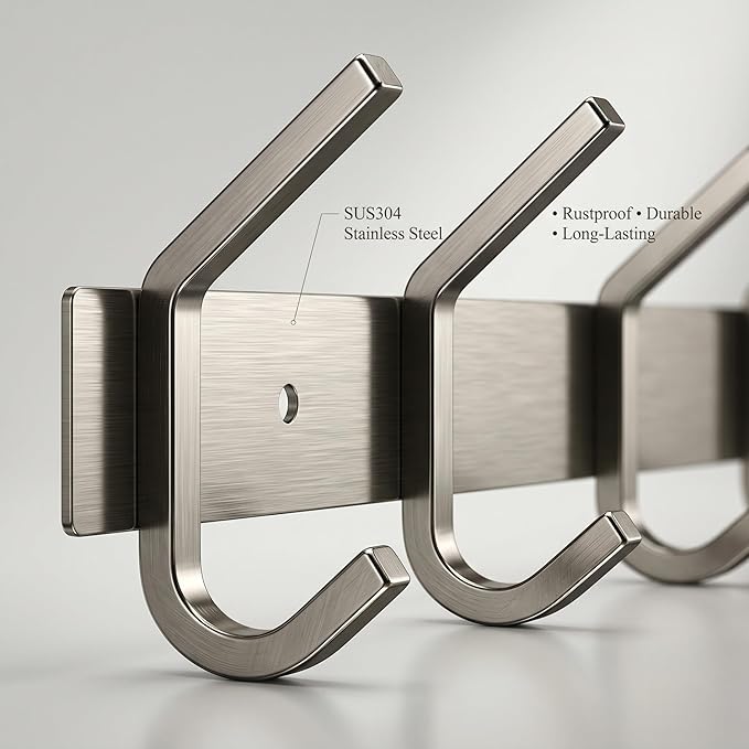 Coat Rack Wall Mount – Brushed Nickel 24 Inch Stainless Steel Hook Rail with 8 Heavy Duty Double Coat Hooks – Wall Mounted Coat Hanger for Entryway, Bathroom, Bedroom, Towel, Hat Organizer - 2 Pack